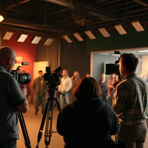 Actores representando una escena en un set de filmación.