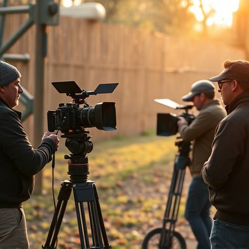 Equipo de cámara filmando una escena en exteriores.